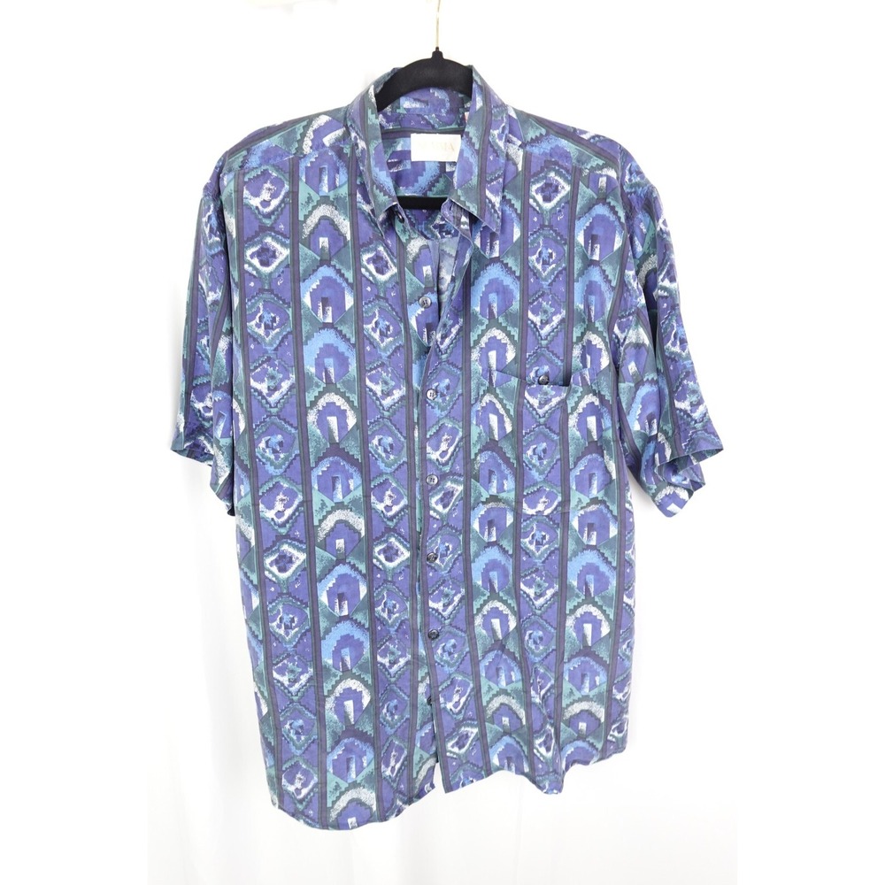 Vintage Summa Shirt Men's S 100% Silk Blue Geometric Abstract 90s Button-Up